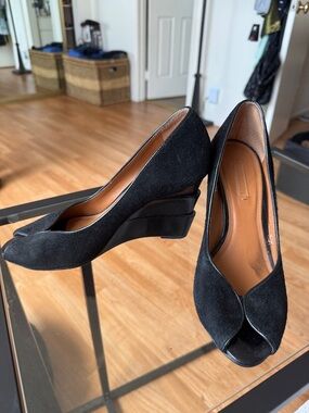 Black Suede Peep-Toe Wedge Pumps for Women
